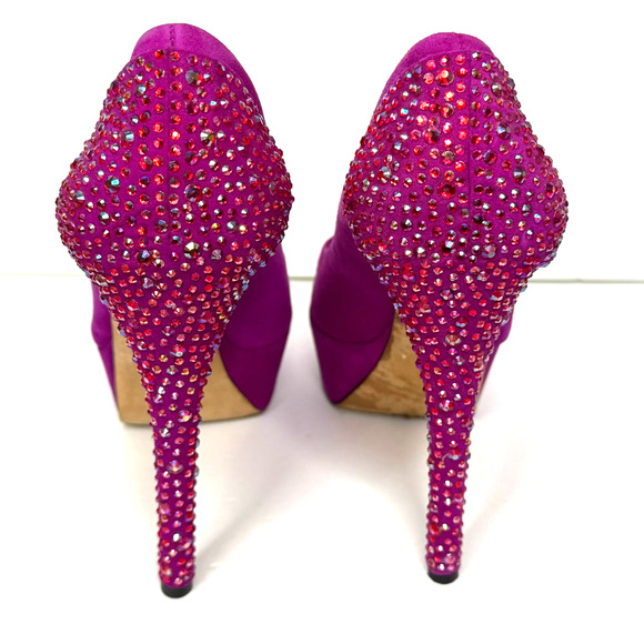 Brian Atwood Baccina Heel Womens 9 Purple Suede Crystal Peep Toe Platform Pump - Picture 4 of 10
